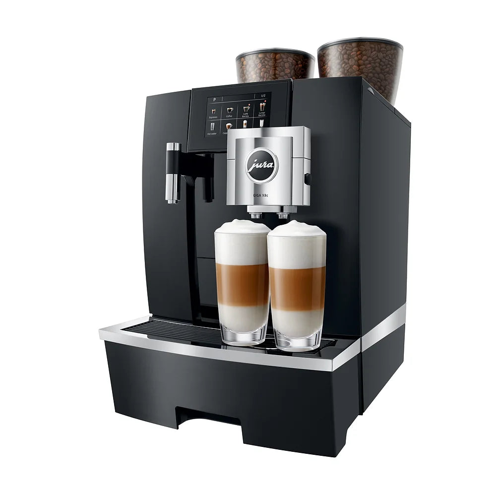 JURA GIGA X8 koffiemachine – de beste volautomatische koffiemachine met A.G.A.©, P.E.P.® en I.W.S.® technologieën, dubbele keramische schijfmolens, en 4,3 inch touchscreen. Inclusief gratis dealerpakket.