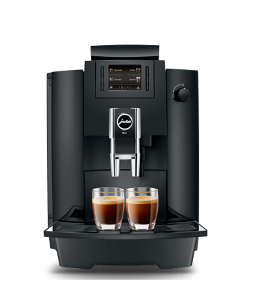 JURA WE6 koffiemachine – beste volautomatische koffiemachine voor zwarte koffie, geschikt voor espresso, ristretto en gewone koffie. Perfect voor op het werk, met een capaciteit van 120 kopjes per uur.