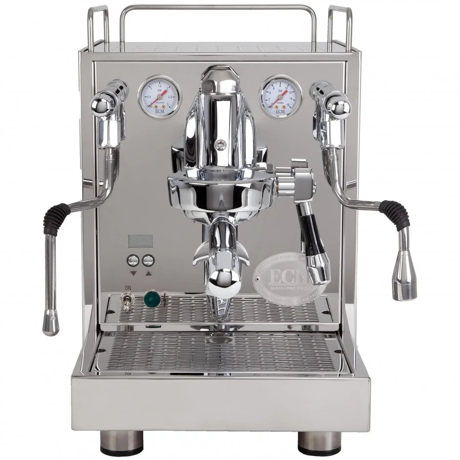 ECM Mechanika Slim – professionele pistonmachine met Smart HX® PID technologie, rotatiepomp en instelbare koffie- en boilertemperatuur. Inclusief flush advisor, pre-infusie timer en ecomodus.