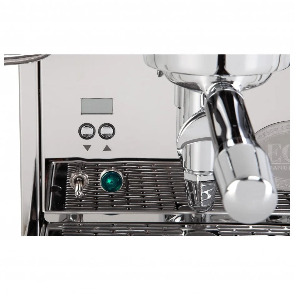 ECM Mechanika Slim – professionele pistonmachine met Smart HX® PID technologie, rotatiepomp en instelbare koffie- en boilertemperatuur. Inclusief flush advisor, pre-infusie timer en ecomodus.