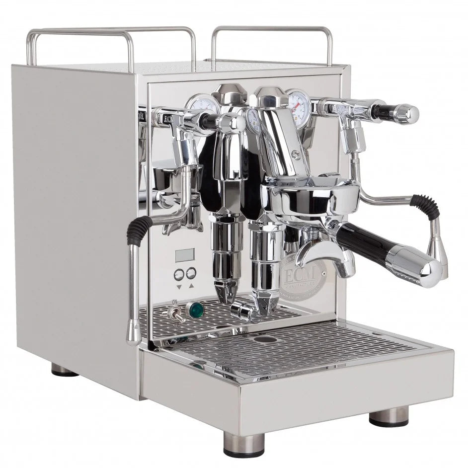 ECM Mechanika Slim – professionele pistonmachine met Smart HX® PID technologie, rotatiepomp en instelbare koffie- en boilertemperatuur. Inclusief flush advisor, pre-infusie timer en ecomodus.