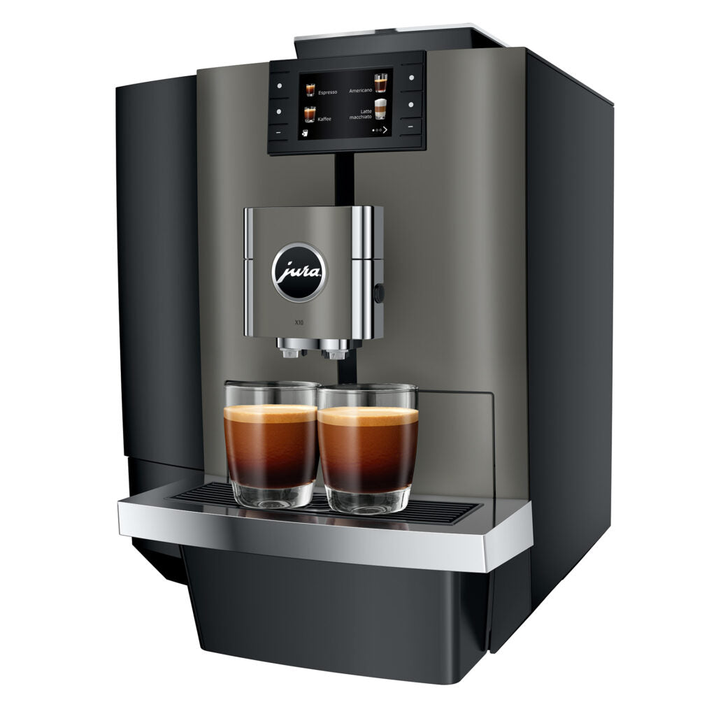 JURA X10 Dark Inox koffiemachine - Beste volautomatische koffiemachine met 36 koffiespecialiteiten, inclusief Cold Brew en One-Touch Lungo-functie voor professioneel gebruik.